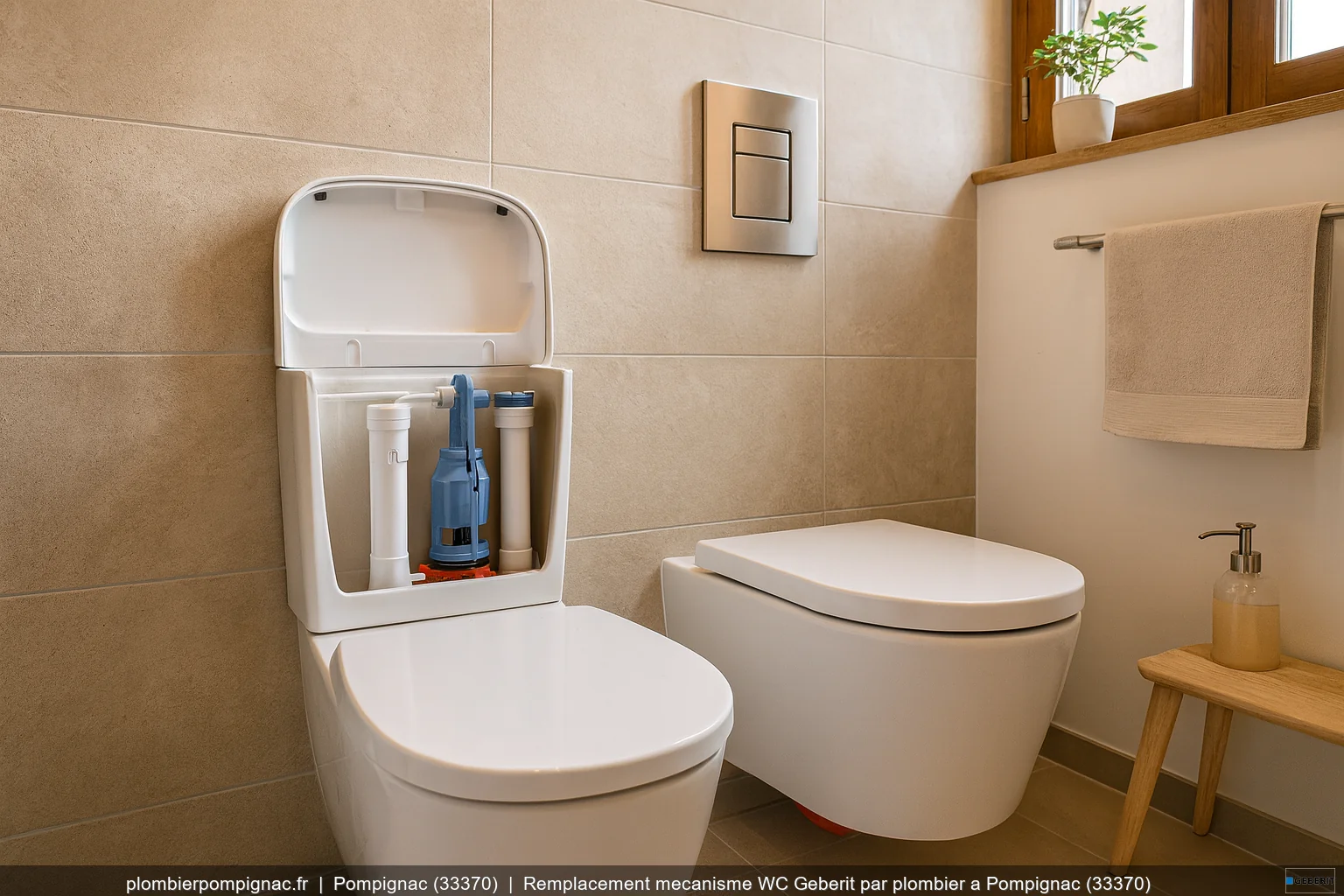 Remplacement mecanisme WC Geberit par plombier a Pompignac (33370)